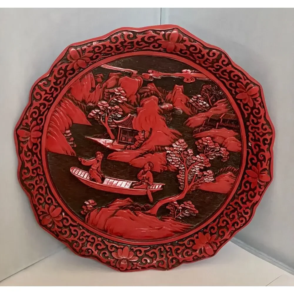 Chinese Hand-Carved Lacquer Red Cinnabar Resin Plate (Boat Scene)